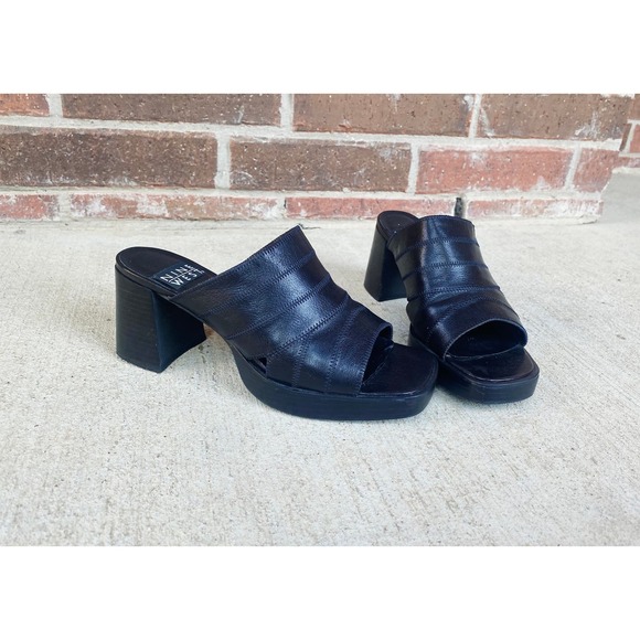 size 6.5 vintage y2k BLACK STITCHED Peep Toe PLATFORMS chunky leather square toe - Picture 6 of 10
